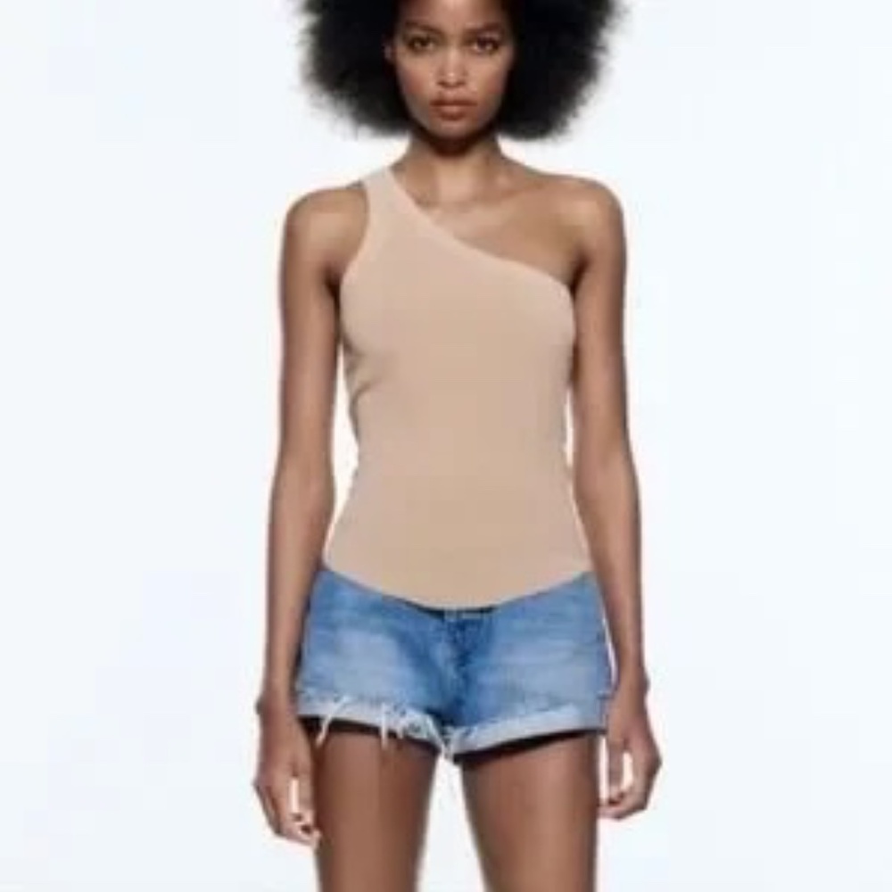Zara,  One Shoulder Ribbed Casual Sleeveless Top Stretch Curved Hem  Xsmall